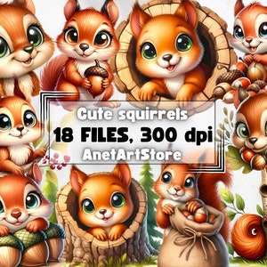 May include: A set of 18 digital illustrations of cute cartoon squirrels in various poses. The squirrels are brown and orange with big eyes and bushy tails. The illustrations are 300 dpi and perfect for use in digital scrapbooking, card making, and other craft projects.  "Cute squirrels 18 FILES, 300 dpi AnetArtStore"