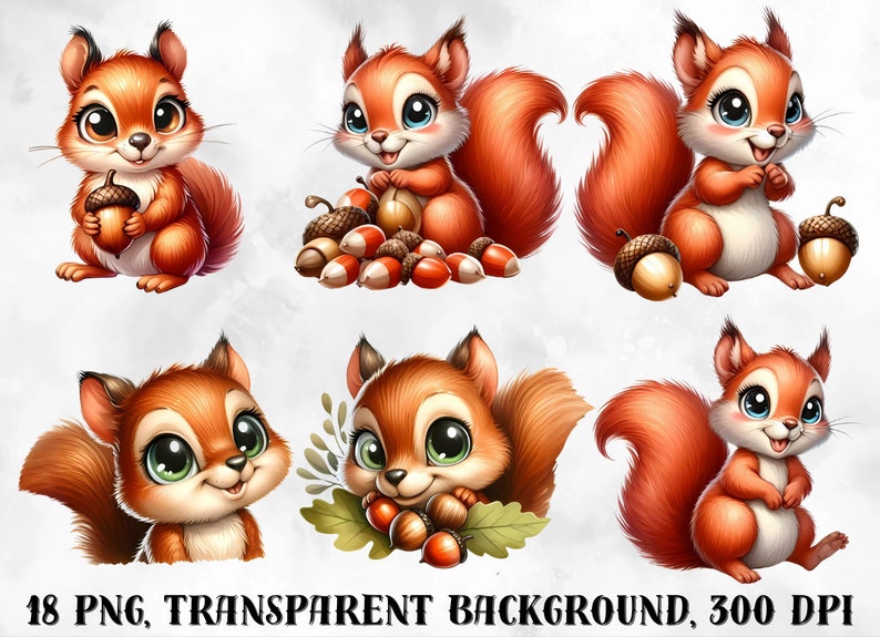 May include: Six digital illustrations of cute cartoon squirrels with large eyes. The squirrels are brown and orange with fluffy tails. Some of the squirrels are holding acorns. The illustrations are on a white background.