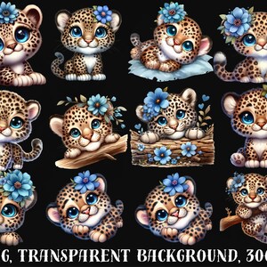K&ouml;nnte beinhalten: Zw&ouml;lf digitale Illustrationen von niedlichen Baby-Leoparden-Cartoons mit blauen Blumen. Jeder Leopard tr&auml;gt eine Blumenkrone und hat gro&szlig;e blaue Augen. Die Bilder haben einen transparenten Hintergrund.