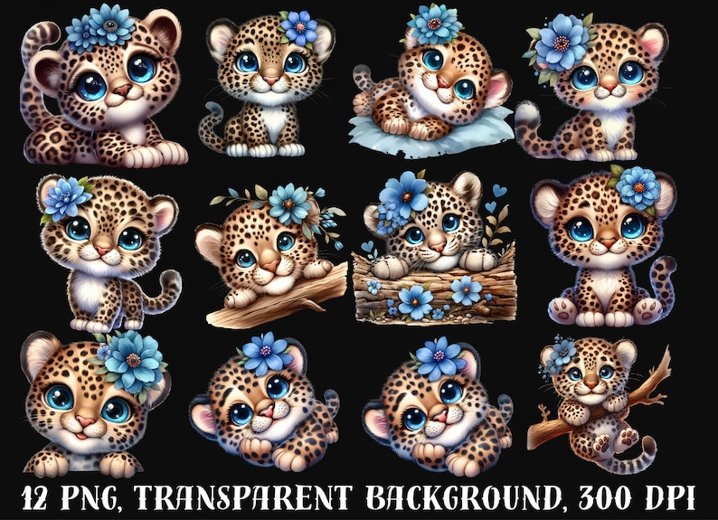 K&ouml;nnte beinhalten: Zw&ouml;lf digitale Illustrationen von niedlichen Baby-Leoparden-Cartoons mit blauen Blumen. Jeder Leopard tr&auml;gt eine Blumenkrone und hat gro&szlig;e blaue Augen. Die Bilder haben einen transparenten Hintergrund.