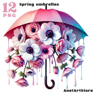 Może przedstawiać: Różowo-niebieski parasol z bukietem różowych i białych kwiatów pod spodem. Parasol kapie farbą, tworząc fantazyjną i kolorową scenę. Tekst "12 PNG" i "Spring umbrellas" jest widoczny na obrazku.