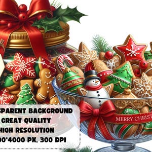 May include: A glass jar filled with Christmas cookies, decorated with red and green frosting, and a red bow with holly leaves. The jar has a tag that says "Merry Christmas".