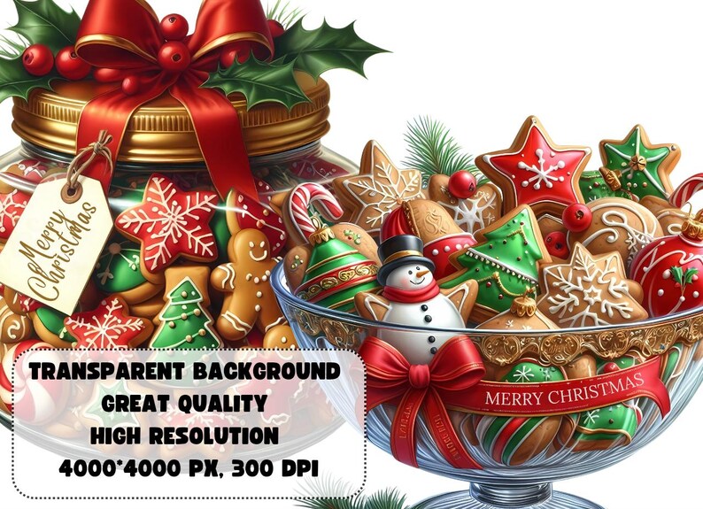 May include: A glass jar filled with Christmas cookies, decorated with red and green frosting, and a red bow with holly leaves. The jar has a tag that says "Merry Christmas".
