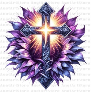 May include: A silver cross with intricate details is centered in a purple and blue sunflower. The cross is surrounded by a bright, golden light.