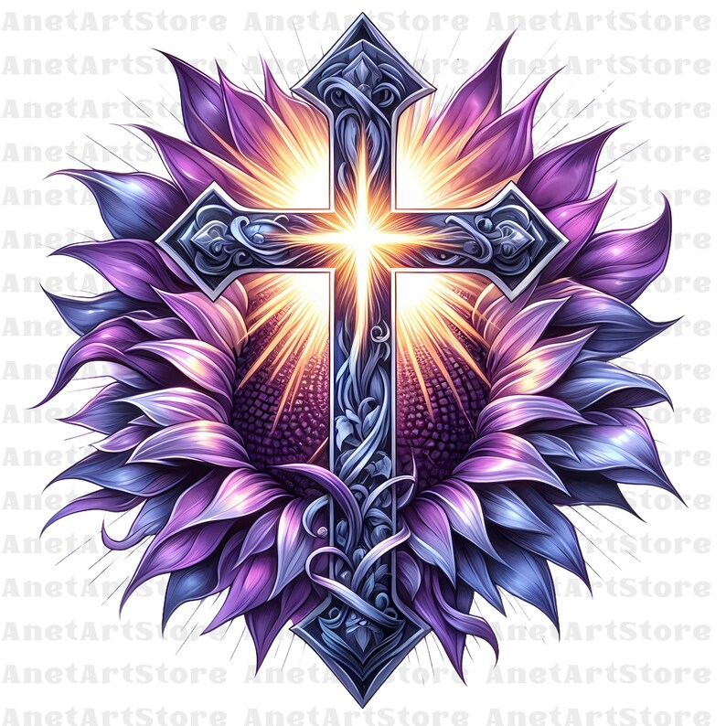 May include: A silver cross with intricate details is centered in a purple and blue sunflower. The cross is surrounded by a bright, golden light.