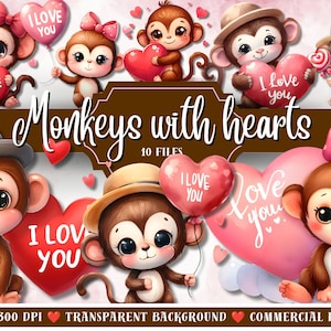 Könnte beinhalten: Digitale Illustration von Comic-Affen, die Herzen und Luftballons halten. Die braunen Affen haben große Augen und halten herzförmige Luftballons mit dem Text "I Love You". Das Bild hat ein Valentinstag-Thema.