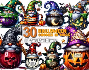 Gnome clipart, Halloween gnome clipart, gnome png, watercolour gnome, Halloween clipart, spooky clipart, autumn gnome in mug clipart