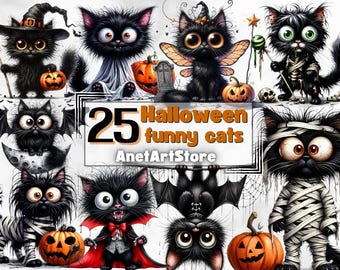 Może przedstawiać: Ilustracja 25 zabawnych kotów z Halloween przedstawiająca czarne koty ubrane w różne kostiumy, w tym czarownicę, wampira, mumię, ducha i nietoperza. Koty trzymają dynie i inne rekwizyty z Halloween. Tekst "25 Halloween funny cats" i "AnetArtStore" jest wyświetlany na białym tle.