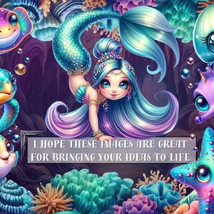 May include: A whimsical illustration of a mermaid with long blue and purple hair, a turquoise tail, and a gold crown. She is surrounded by colorful sea creatures, including a starfish, a seahorse, a turtle, and a jellyfish.