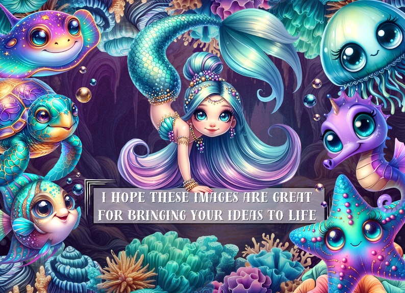 May include: A whimsical illustration of a mermaid with long blue and purple hair, a turquoise tail, and a gold crown. She is surrounded by colorful sea creatures, including a starfish, a seahorse, a turtle, and a jellyfish.