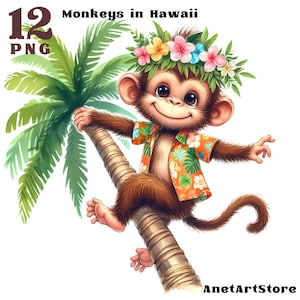 Può includere: Una scimmia di cartone animato che indossa una camicia hawaiana colorata e una corona di fiori, seduta su un ramo di palma. La scimmia sorride e ha la pelliccia marrone.