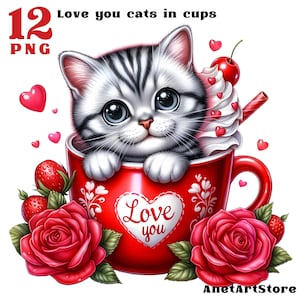 Katze Cliparts Kitty Valentinstag Illustration Valentinstag Cliparts Kitty Liebe Cliparts Katzenliebhaber Katze im Becher Katze in der Tasse Valentinstag Illustration Liebeskarte