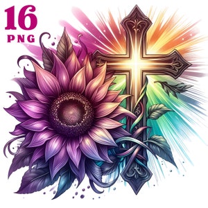 May include: A colorful digital illustration of a sunflower and a cross. The sunflower is purple and pink with a yellow center. The cross is gold with a black outline. The background is a rainbow of colors.