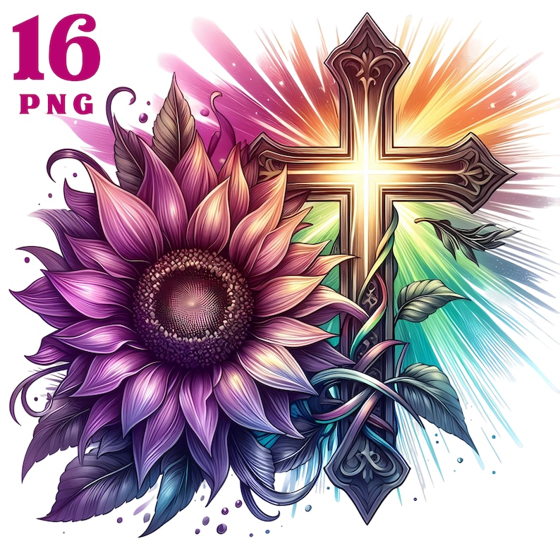May include: A colorful digital illustration of a sunflower and a cross. The sunflower is purple and pink with a yellow center. The cross is gold with a black outline. The background is a rainbow of colors.