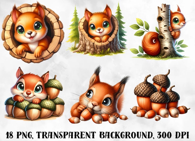 May include: A set of 18 digital illustrations featuring cute cartoon squirrels in various poses. The squirrels are depicted in a woodland setting with acorns and tree trunks. The images are perfect for crafting projects, scrapbooking, and digital design.