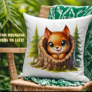 May include: A white pillow with a cartoon illustration of a brown squirrel peeking out of a tree stump. The squirrel has large green eyes and a cute expression. The background is a green forest scene with two pine trees.