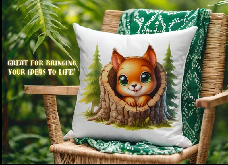 May include: A white pillow with a cartoon illustration of a brown squirrel peeking out of a tree stump. The squirrel has large green eyes and a cute expression. The background is a green forest scene with two pine trees.