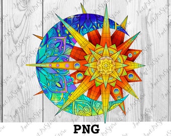 Mandala PNG, kleurrijke maan print PNG, Wall Art decor, mode, meisje, afdrukbare digitale download, dierenprints, print, clipart