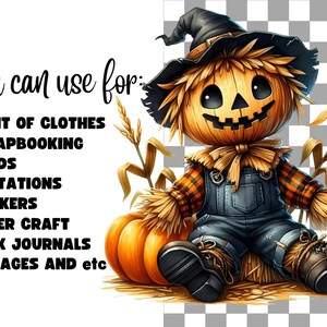 May include: A digital illustration of a smiling scarecrow with a pumpkin, straw hat, and plaid shirt. The text "You can use for:" is listed with a variety of uses for the image, including print of clothes, scrapbooking, cards, invitations, stickers, paper craft, junk journals, and collages.