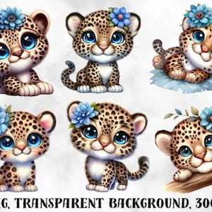 K&ouml;nnte beinhalten: Zw&ouml;lf digitale Illustrationen von niedlichen Baby-Leoparden mit blauen Blumen auf dem Kopf. Die Leoparden sind in verschiedenen Posen, einige sitzen, einige liegen und einige schauen nach oben. Der Hintergrund ist transparent.