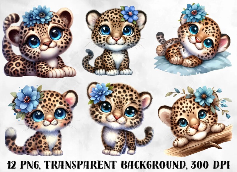 K&ouml;nnte beinhalten: Zw&ouml;lf digitale Illustrationen von niedlichen Baby-Leoparden mit blauen Blumen auf dem Kopf. Die Leoparden sind in verschiedenen Posen, einige sitzen, einige liegen und einige schauen nach oben. Der Hintergrund ist transparent.
