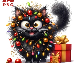 May include: A black cat with a mischievous grin is tangled in colorful Christmas lights and ornaments. The cat is standing next to a red and gold wrapped gift box. The image is titled "12 Funny Christmas Animals".