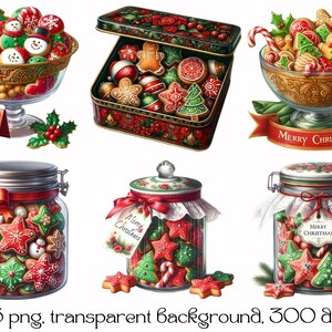 May include: Six images of Christmas cookies in various containers. The first image shows a bowl filled with red, green, and white cookies. The second image shows a tin box filled with cookies. The third image shows a bowl filled with cookies. The fourth image shows a glass jar filled with cookies. The fifth image shows a glass jar filled with cookies. The sixth image shows a glass jar filled with cookies.