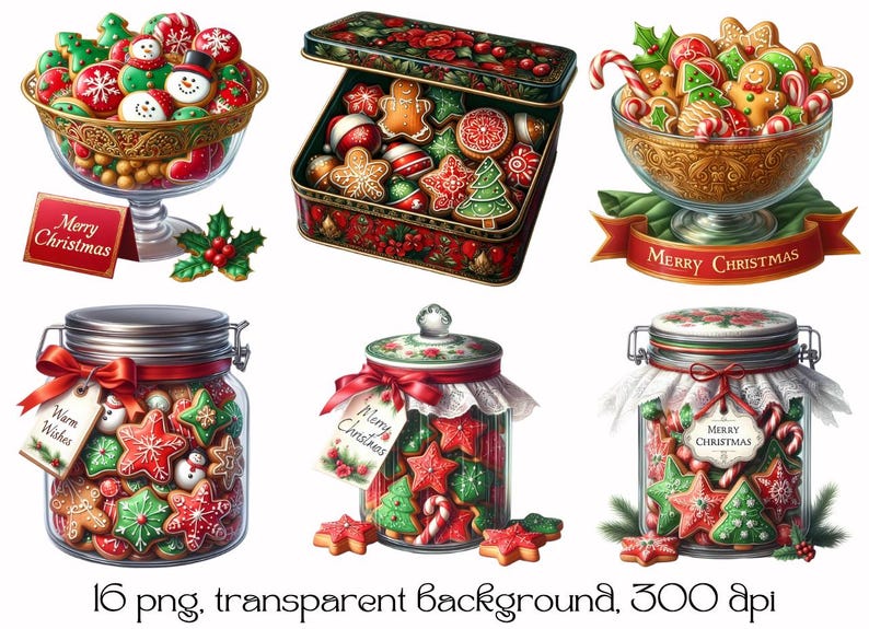 May include: Six images of Christmas cookies in various containers. The first image shows a bowl filled with red, green, and white cookies. The second image shows a tin box filled with cookies. The third image shows a bowl filled with cookies. The fourth image shows a glass jar filled with cookies. The fifth image shows a glass jar filled with cookies. The sixth image shows a glass jar filled with cookies.