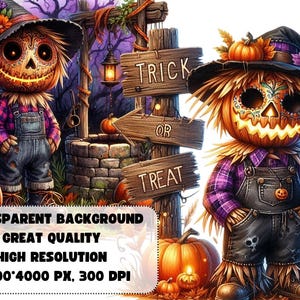 May include: Two Halloween scarecrows with jack-o'-lantern heads, one holding a sign that says "Trick or Treat".
