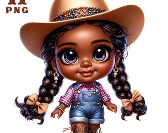 May include: A digital illustration of a cartoon cowgirl with brown skin, long black braids, and a brown cowboy hat. She is wearing a pink and white plaid shirt, blue overalls, and brown cowboy boots.