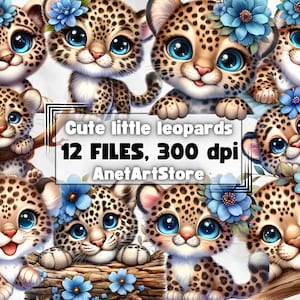 K&ouml;nnte beinhalten: Zw&ouml;lf digitale Illustrationen von niedlichen Cartoon-Leoparden mit blauen Blumen. Die Leoparden sind in verschiedenen Posen, einige sitzen, einige liegen und einige stehen. Der Text "Cute little leopards 12 FILES, 300 dpi AnetArtStore" befindet sich am unteren Rand des Bildes.