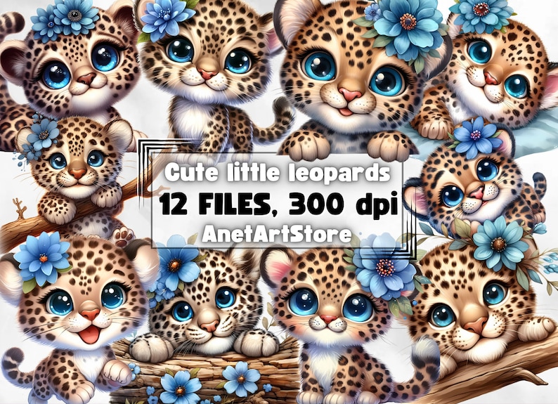 K&ouml;nnte beinhalten: Zw&ouml;lf digitale Illustrationen von niedlichen Cartoon-Leoparden mit blauen Blumen. Die Leoparden sind in verschiedenen Posen, einige sitzen, einige liegen und einige stehen. Der Text "Cute little leopards 12 FILES, 300 dpi AnetArtStore" befindet sich am unteren Rand des Bildes.