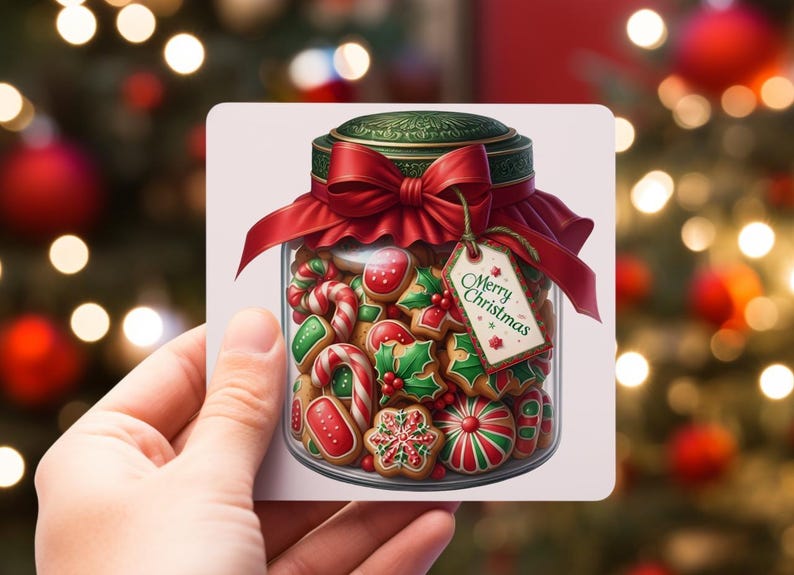 May include: A glass jar filled with Christmas cookies, decorated with red and green icing. The jar is tied with a red ribbon and a tag that says "Merry Christmas".