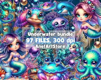 Mermaid clipart, little mermaid png, fantasy clipart, under the sea clipart, turtle, seahorse, seashell, mermaid party Favors