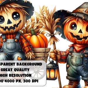 May include: Two cartoon scarecrows dressed in overalls and plaid shirts. One scarecrow has a pumpkin head and is holding a lantern and a broom. The other scarecrow has a straw head and is holding a wheelbarrow with a pumpkin inside.