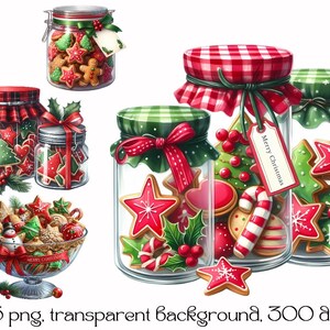 May include: Four glass jars filled with Christmas cookies. The jars are decorated with red and green plaid ribbon, red and green bows, and a green and white Christmas tree. The jars are on a white background. One jar has a tag that says "Merry Christmas".