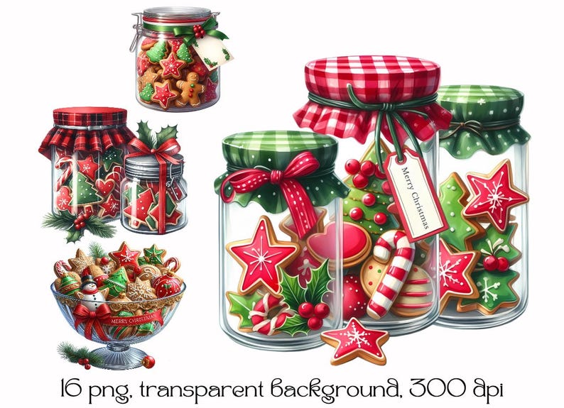 May include: Four glass jars filled with Christmas cookies. The jars are decorated with red and green plaid ribbon, red and green bows, and a green and white Christmas tree. The jars are on a white background. One jar has a tag that says "Merry Christmas".
