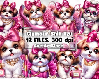 May include: Twelve digital illustrations of a Shih Tzu dog wearing pink bows, pearl necklaces, and other glamorous accessories. The images include a dog wearing sunglasses, a dog in a purse, and a dog with a bottle of perfume. The text "Glamour Shih Tzu 12 FILES, 300 dpi AnetArtStore" is included in the image.