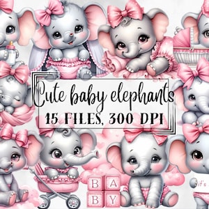 Może przedstawiać: Zestaw 15 cyfrowych ilustracji uroczych małych słoni z różowymi kokardkami i sukienkami. Słonie są w różnych pozach, w tym śpiące, siedzące i stojące. Ilustracje idealnie nadają się do tworzenia zaproszeń na baby shower, kartek i innych prac ręcznych.