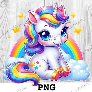 Unicorn clip art, rainbow and unicorn, cute unicorn with big eyes on clouds, rabbit Wall Art Decor, Printable Digital Download,Animal Prints