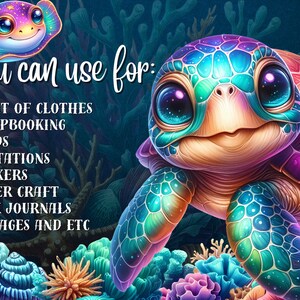 May include: A colorful illustration of a sea turtle with a vibrant blue, green, and purple shell. The turtle has large, expressive eyes and a friendly smile. The background features coral reefs and other marine life.