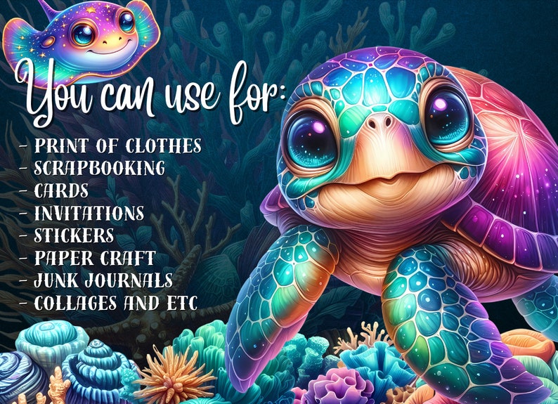 May include: A colorful illustration of a sea turtle with a vibrant blue, green, and purple shell. The turtle has large, expressive eyes and a friendly smile. The background features coral reefs and other marine life.