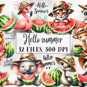 May include: A set of 12 digital illustrations featuring cute animals wearing straw hats and holding watermelon slices. The illustrations are in a cartoon style and have a summer theme. The text "Hello Summer" appears in the center of the image.