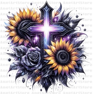May include: A dark blue cross with a white center is surrounded by sunflowers and a dark blue rose. The cross has a purple glow and stars around it.