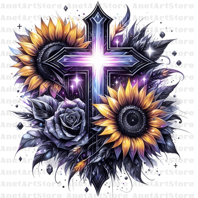 May include: A dark blue cross with a white center is surrounded by sunflowers and a dark blue rose. The cross has a purple glow and stars around it.