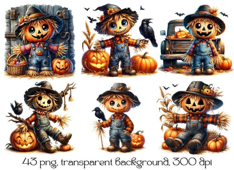 May include: Six digital illustrations of cute scarecrows with pumpkins and crows. The scarecrows are wearing overalls and plaid shirts. The illustrations have a transparent background.
