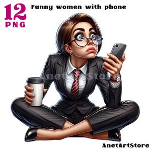 Quirky Woman clipart, funny woman, funny girl, stylish woman expressive woman smartphone clipart humorous illustration playful girls