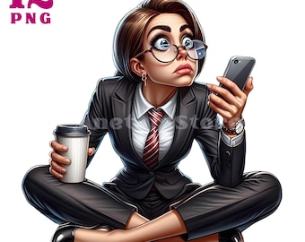 Quirky Woman clipart, zabawna kobieta, zabawna dziewczyna, stylowa kobieta ekspresyjna kobieta smartfon clipart humorystyczna ilustracja zabawne dziewczyny
