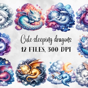 Könnte beinhalten: Eine Sammlung von zwölf Aquarellillustrationen von niedlichen, schlafenden Drachen. Jeder Drache ist auf einer flauschigen Wolke zusammengerollt, mit verschiedenen Farben und Details. Der Text "Cute sleeping dragons 12 FILES, 300 DPI" ist ebenfalls enthalten.