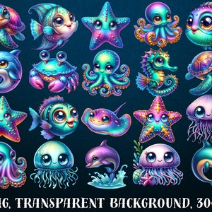 May include: A set of 20 colorful cartoon sea creature illustrations with iridescent details. The illustrations include a starfish, octopus, seahorse, jellyfish, dolphin, crab, and fish. The illustrations are on a transparent background.